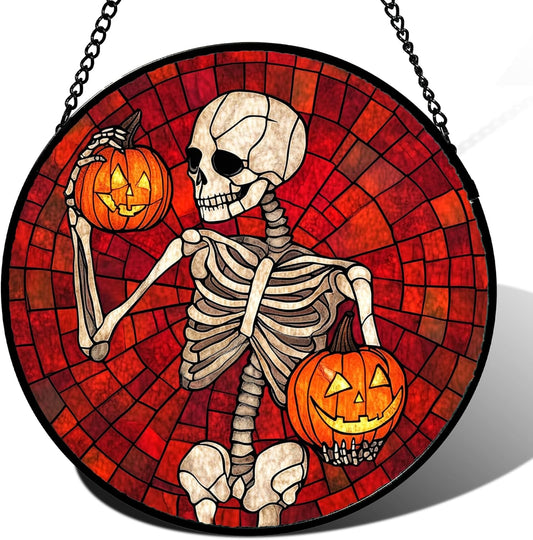 Stained Glass Window Hanging - Halloween Decorations Skeleton Pumpkin Suncatcher for Doors Garden Indoor Spooky Funny Sun Catchers Gothic Decor Horror Gifts for Women Men Friend 9.8 in