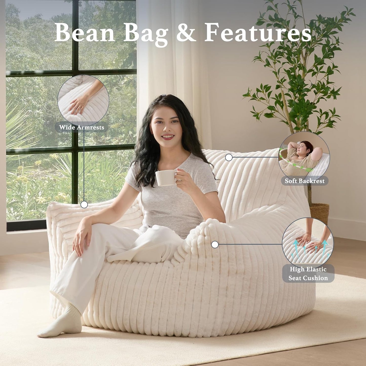 Giant Plush Bean Bag Chair for Adults with Armrests - Oversized Comfy Beige Beanbag Lounge Lazy Floor Sofa Accent Chair for Living Room, Bedroom & Dorm, Cozy Fluffy Single Cloud Mini Couch