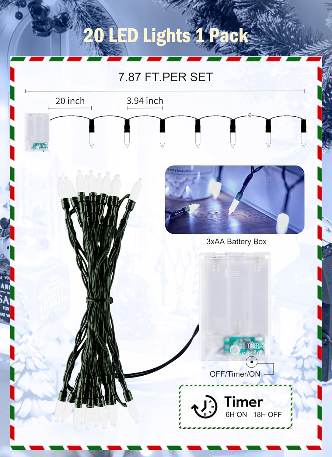 Battery Operated Christmas String Lights, 8ft 20 LED Mini Lights with Timer, Christmas Tree Lights for Indoor Outdoor Bedroom Wedding Party Holiday Xmas Decoration，Pure White