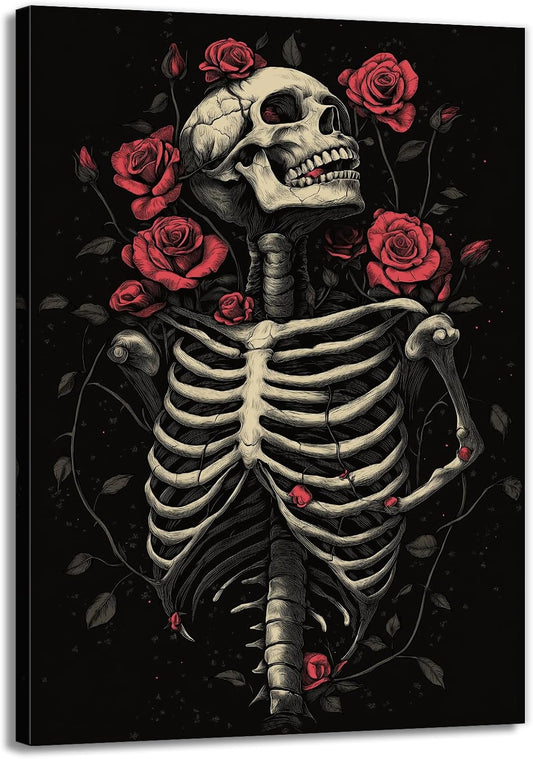 OAAPITI Gothic Skull Wall Art Skeleton and Roses Canvas Pictures Print Vibrant Dark Art Decor for Bedroom Living Room Bathroom(Artwork-6,24"x36")