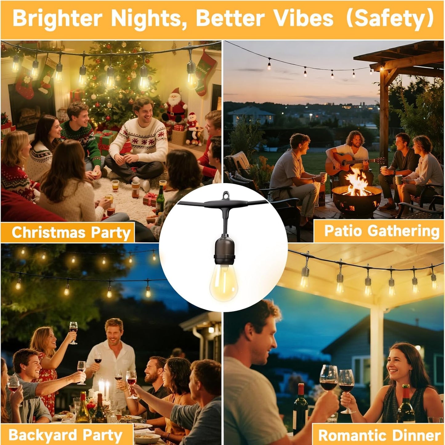 Outdoor Safety String Lights 100FT - 24V 20W Commercial Grade Low Voltage Strand with 40 S14 Shatterproof Bulbs for Tree Garden Yard Cafe Bistro | Warm Yellow 3500K | IP65 Waterproof | UL Listed