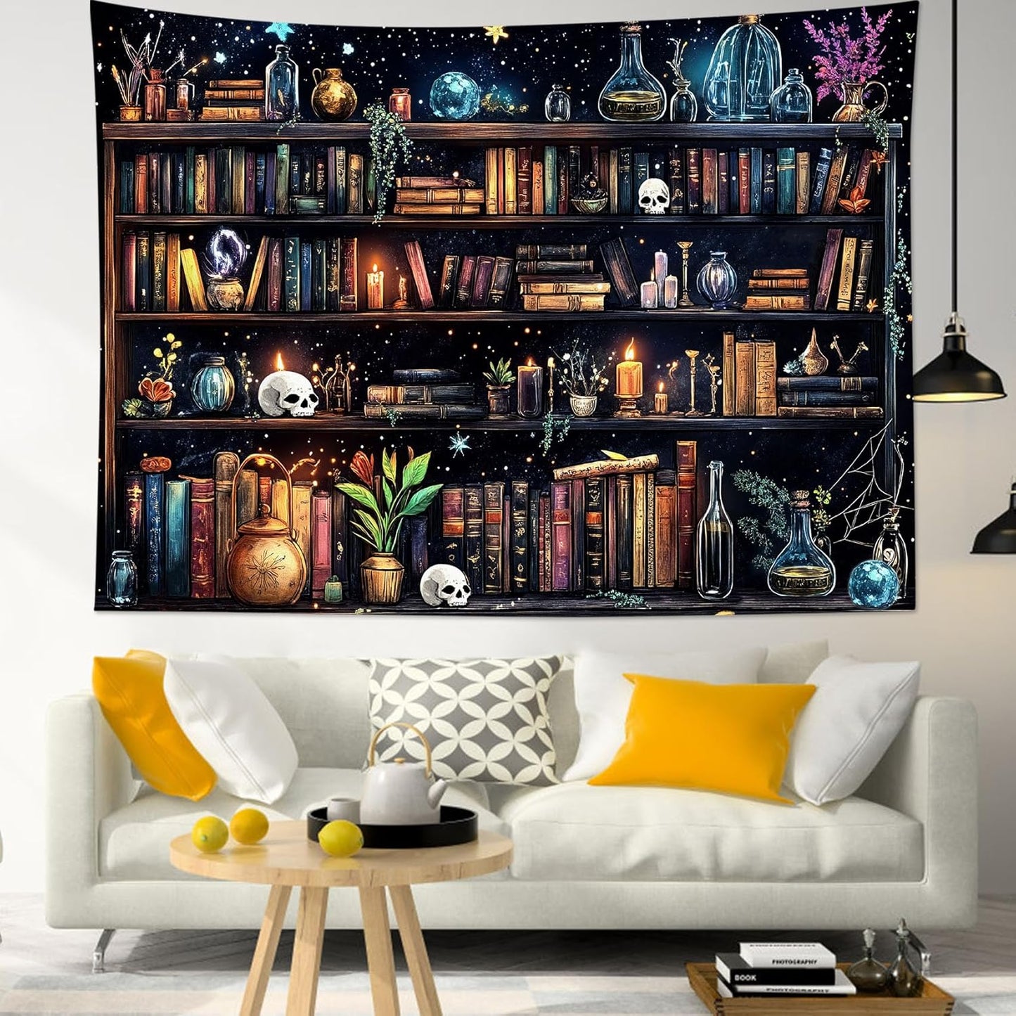 HVEST Magic Bookshelf Tapestry Wall Hanging Vintage Bookshelf Witchy Books Plant Skull Gothic Halloween Wall Decor Starry Sky Tapestry for Bedroom Living Room Dorm, 60L x 80W Inches