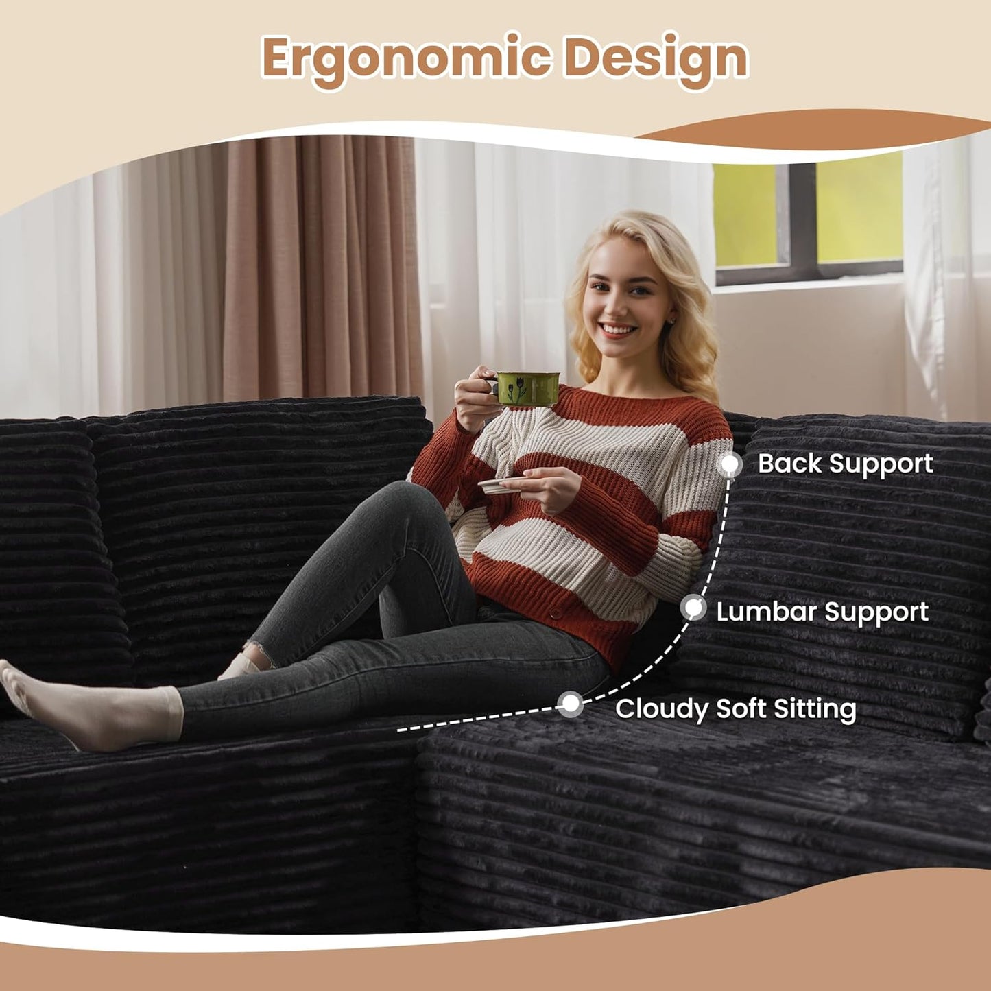 HOOOWOOO Cloud Sectional Couches for Living Room,Modular Sectional Sofa No Assembly,138X108 Inch Plush Corduroy Large L Shaped Floor Couch Set with Deep Seat(Black)