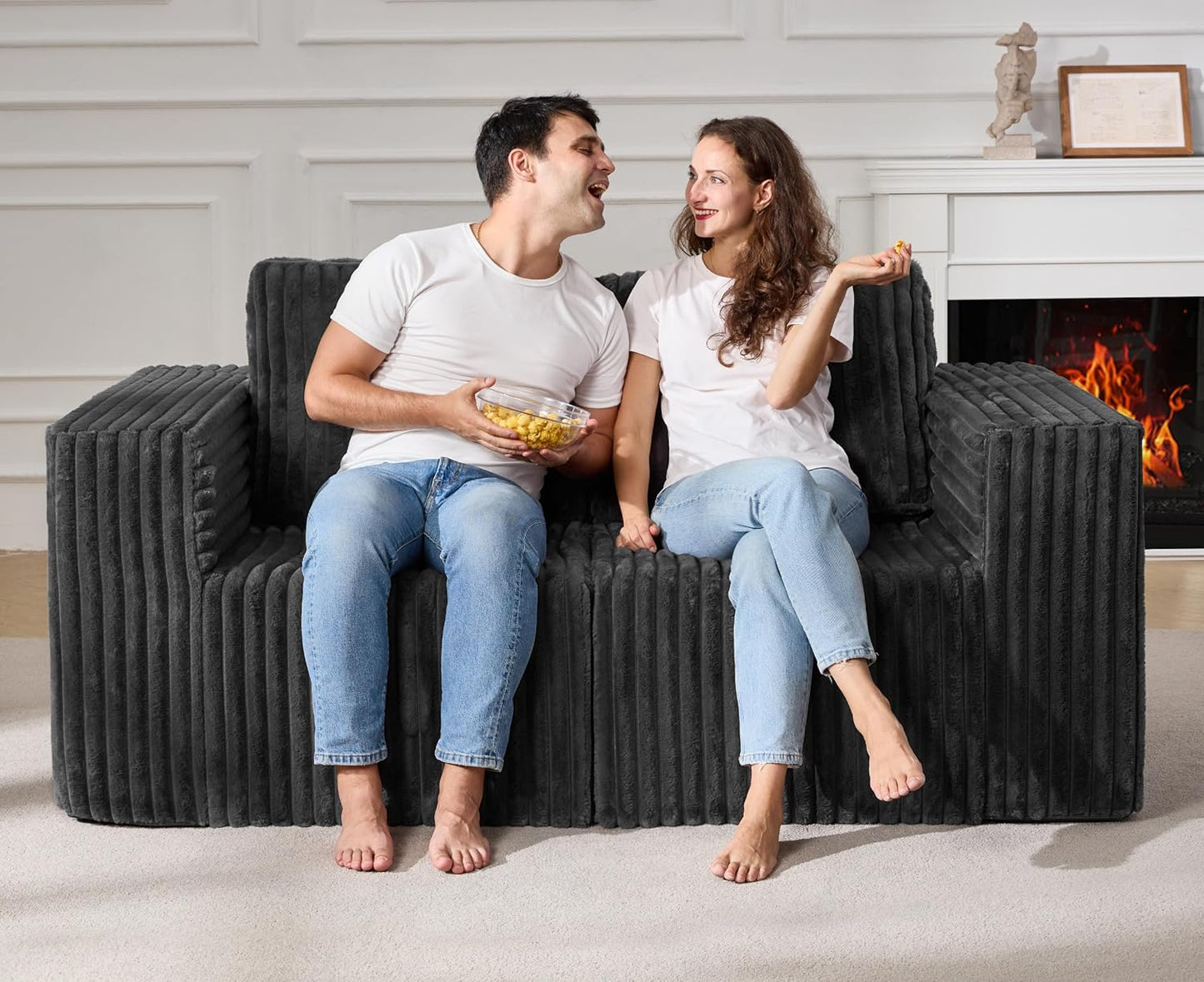 Modular Sectional Sofa 2 Seater Loveseat Modular Couch with Deep Seat Memory Foam Cloud Chair with Pillows Oversized Sectional Sofa for Living Room Bedroom (Strip Grey, Loveseat)