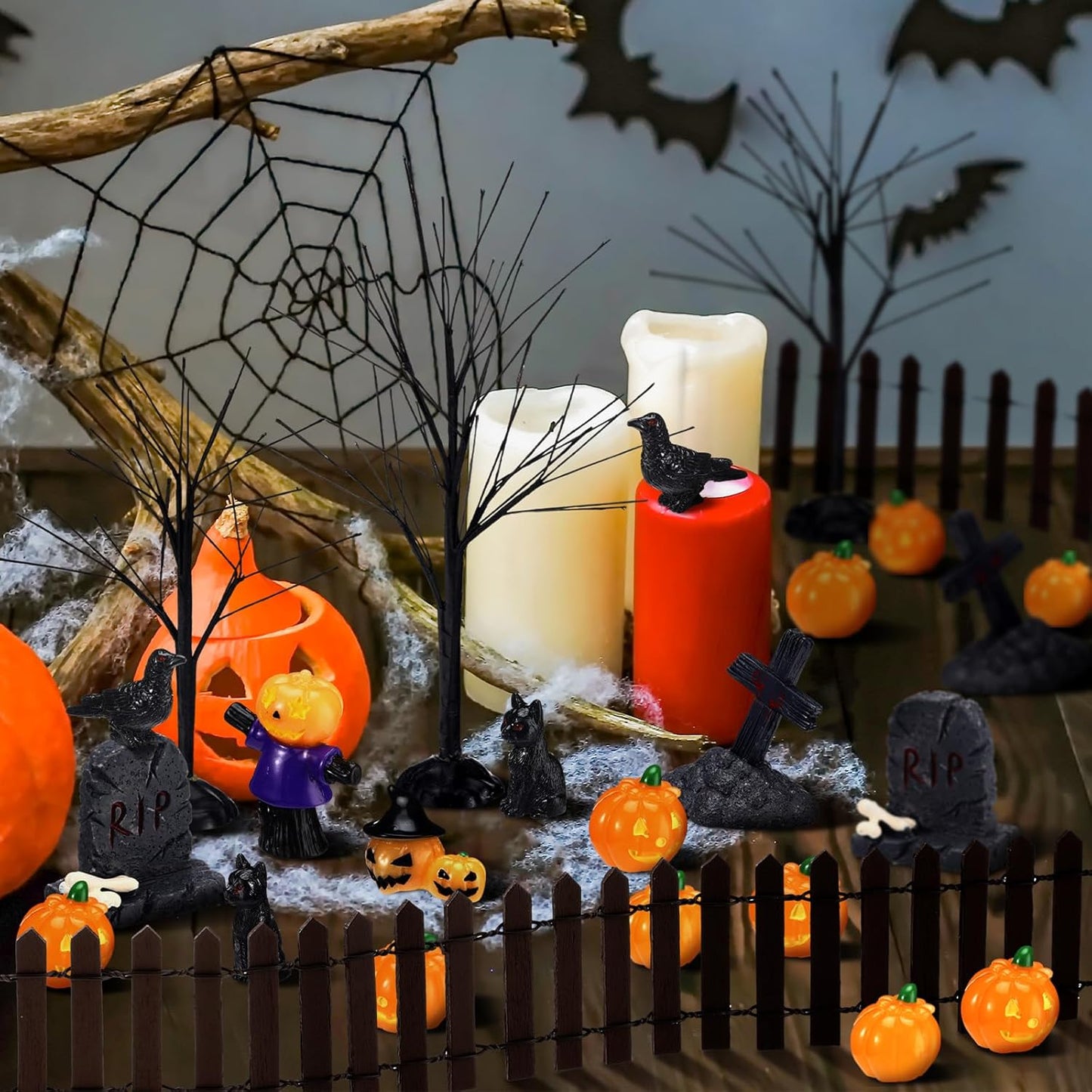 Wesiti 30 Pcs Halloween Village Accessories Set Miniature Halloween Figurines Village Trees Cat Pumpkin Tombstones Figurine Horror Miniature Accessories for Garden Decor