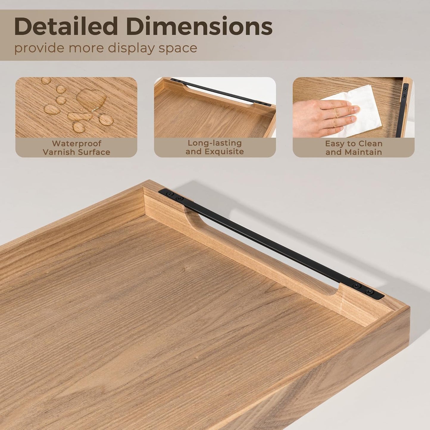 Axeman Wooden Serving Tray with Metal Handles|Ottoman Tray for Breakfast, Bed, Couch|17x13in Ash Wood Coffee Table Trays|Food Drinks Decorative Storage Boards for Ottoman Kitchen, Natural