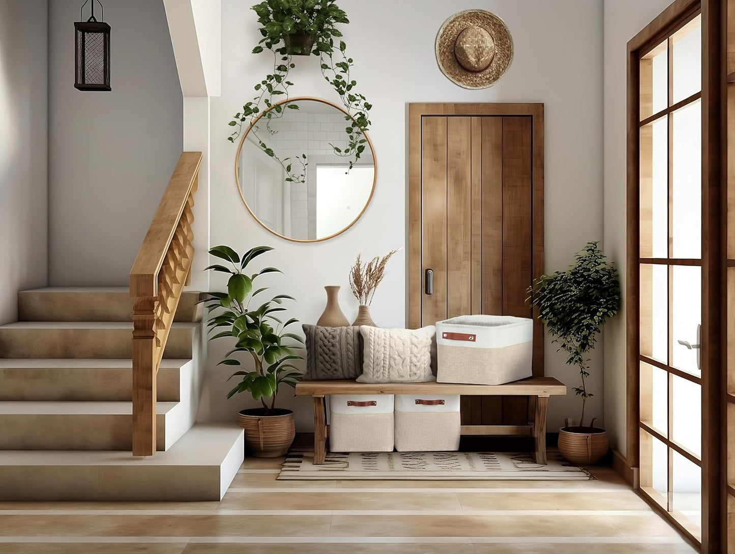 DECOMOMO Storage Bins Fabric Storage Baskets for Shelves, Linen Closet Organization Toys Nursery (Beige and White, Large - 1 Pack)