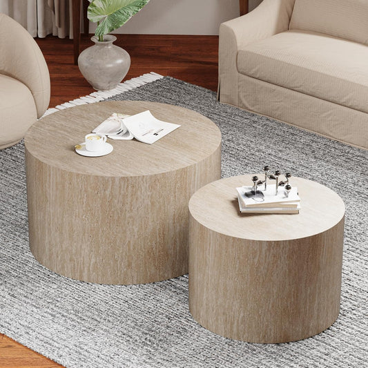 Round Nesting Coffee Table Set of 2 Modern Wood Coffee Tables Handcraft Drum Coffees Table Farmhouse Round Sofa Side Tables End Table for Living Room Small Spaces, No Assembling (Travertine Large)