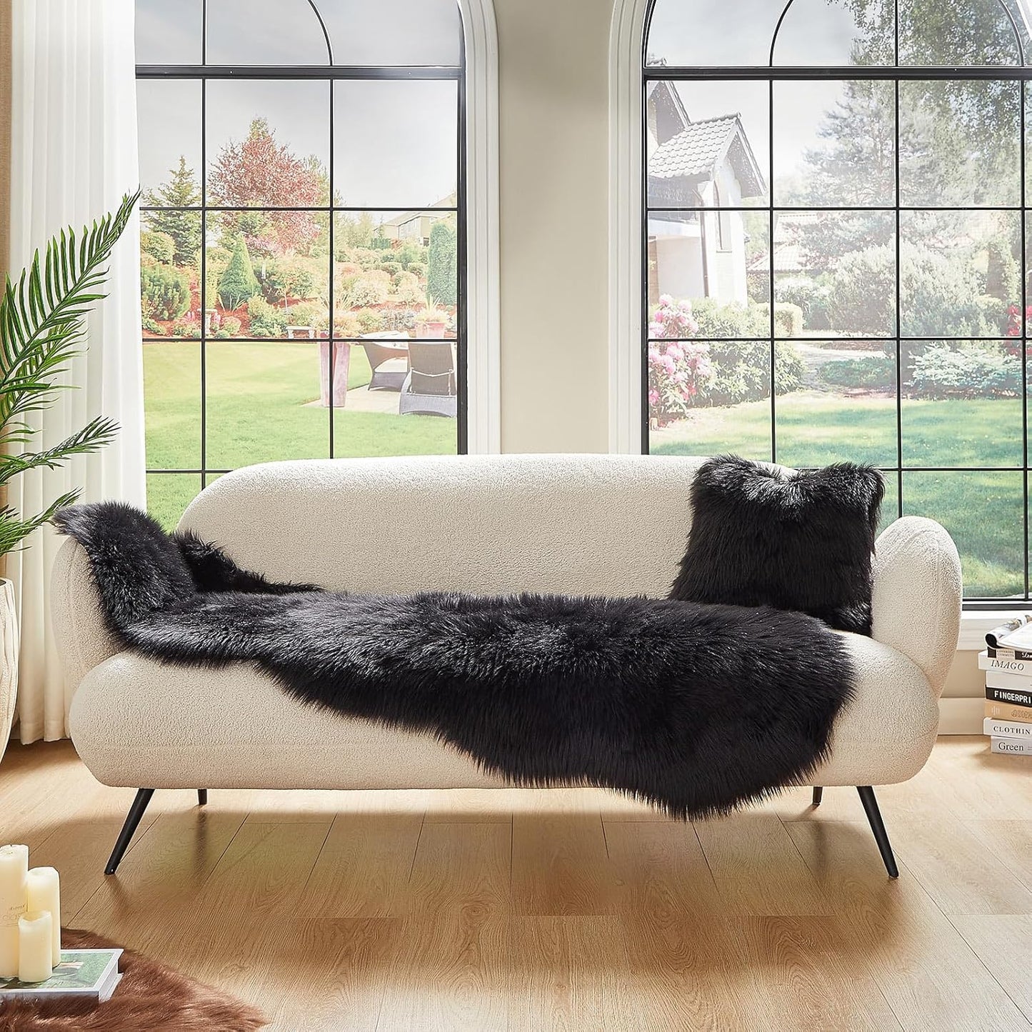 AMTOVO Faux Sheepskin Rug, Black Ultra Soft Fluffy Shag Area Rug, 2 x 6 ft Faux Fur Rug for Bedroom Sofa Throw Cushion Room Decor, Sheepskin