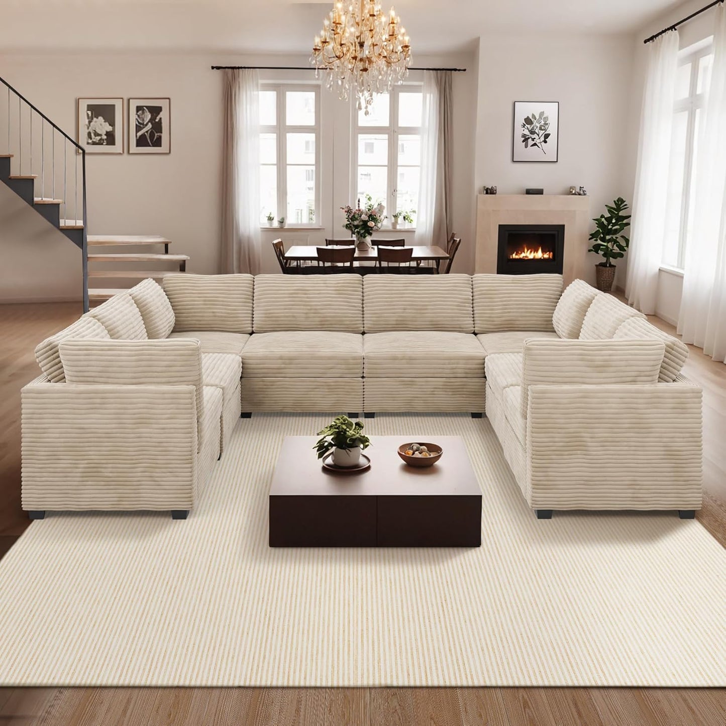 ovios Sectional Sofa Couch with U-Shape Chaise Oversized, Comfy Modular Cloud Couches with Deep Seat, Modern Upholstered Plush Corduroy Sofas Set for Living Room, 8-Seater, Beige