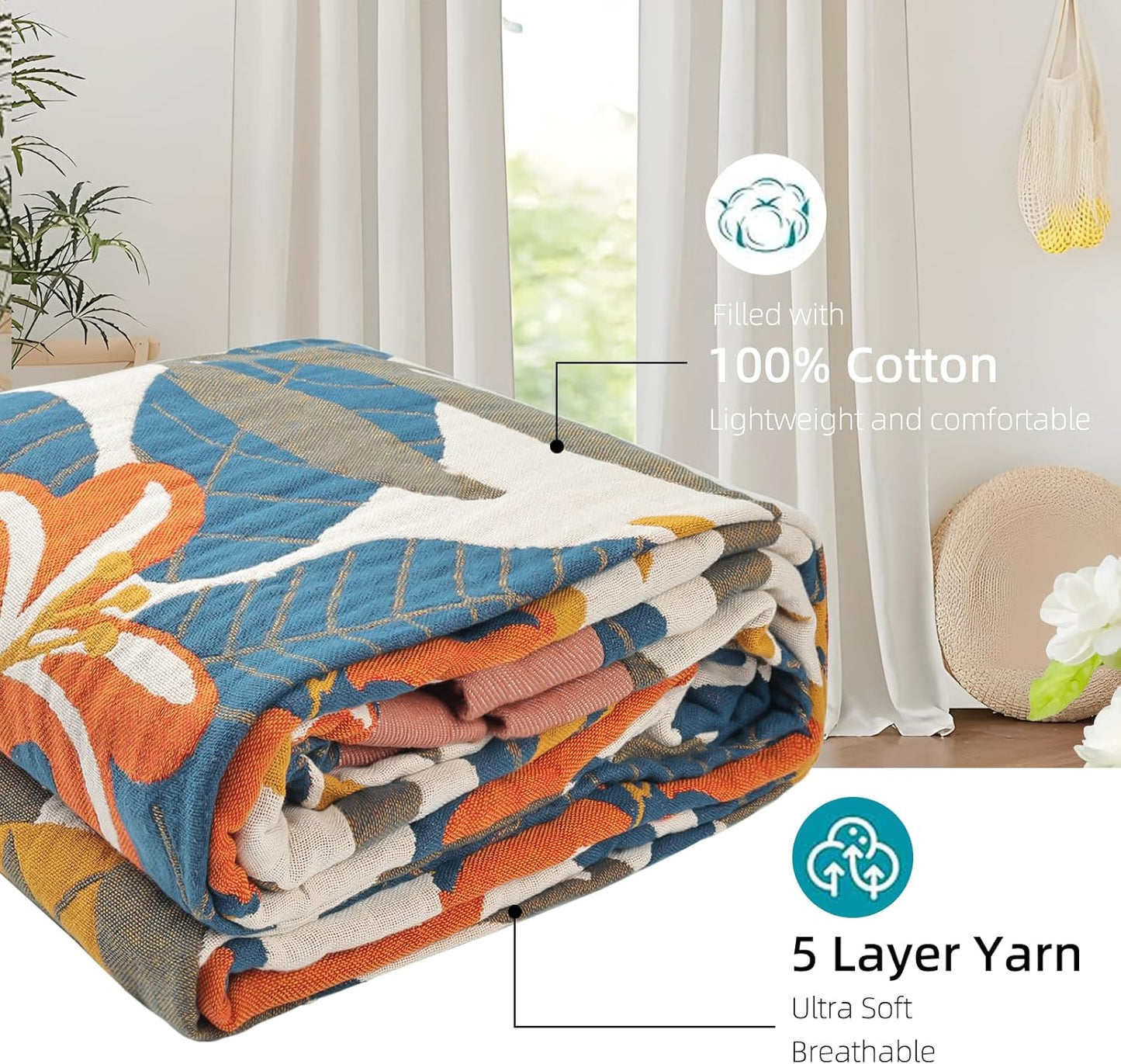 Boho Throw Blanket for Bed - 100% Pure Cotton Ultra Soft Rustic Quilt - Farmhouse Decor Bed Blankets, All Season Rustic Throw for Sofa Couch Chair(80''x 90'', Floral Sea)