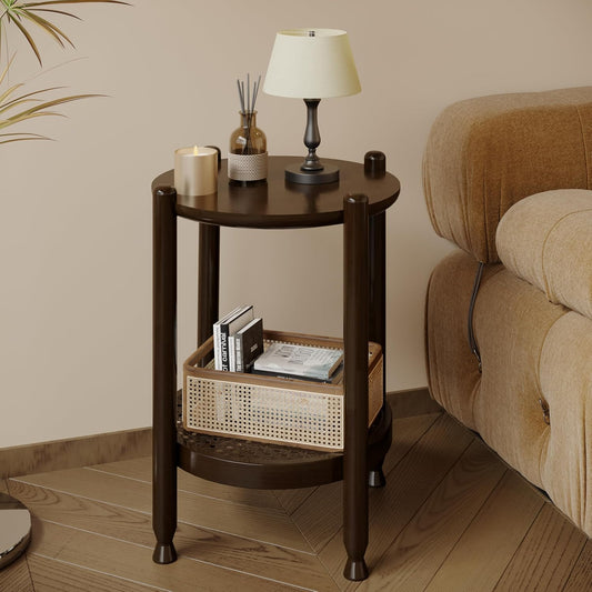 NSdirect Round End Table for Living Room, 2-Tier Rustic Wood Center Table for Home Decor with Boho Woven Rattan Storage Shelf | Modern Farmhouse Design, Easy Assembly, Black Brown