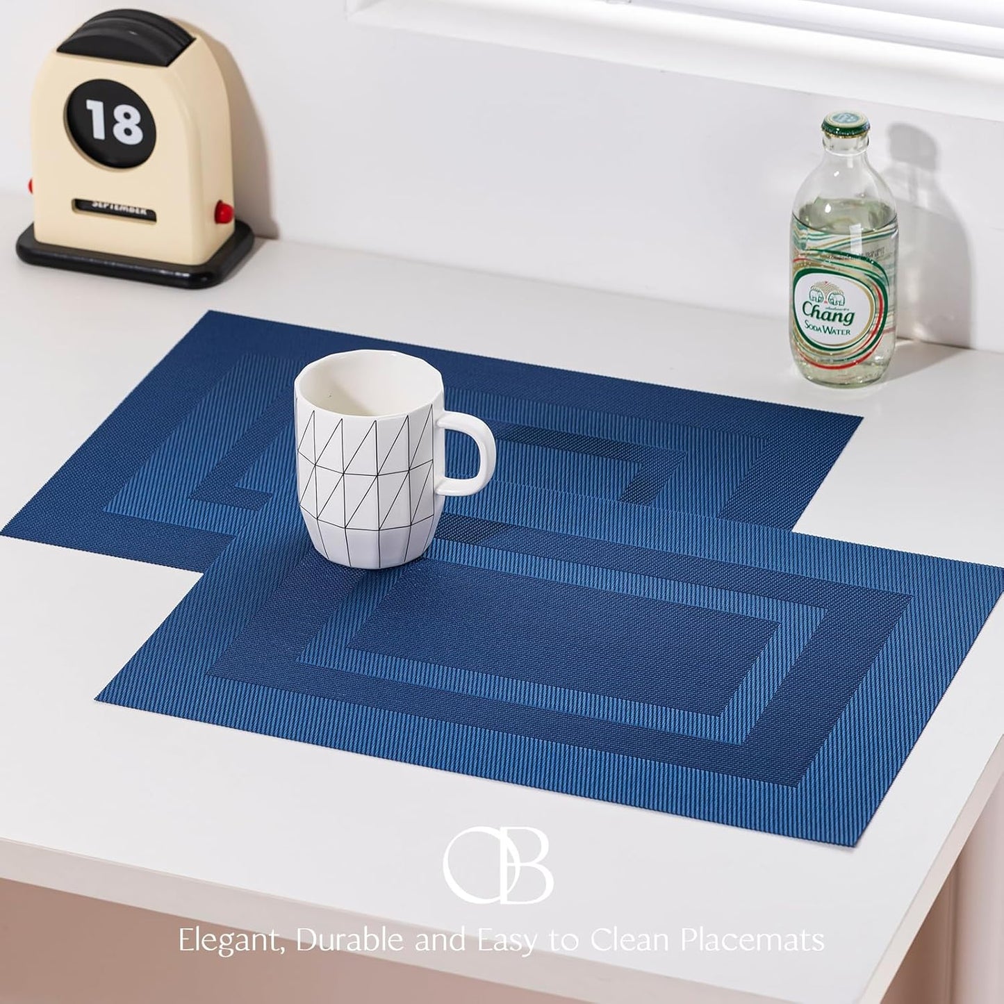 Placemats Set of 8 - Easy Clean Woven Vinyl Placemats for Dining Table, Indoor/Outdoor Place Mats, Washable PVC Table Mats（Navy Cube）