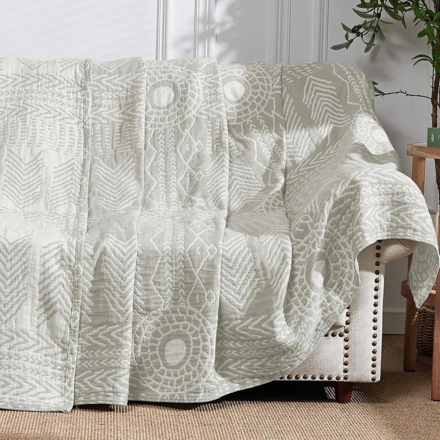 jinchan Boho 100% Cotton Muslin 50x60 Throw Blanket Lightweight 3-Layer Light Grey Blanket Washable Reversible Breathable Decorative Geometric Striped Patterned Soft Cozy for Sofa Bed All Season Gift