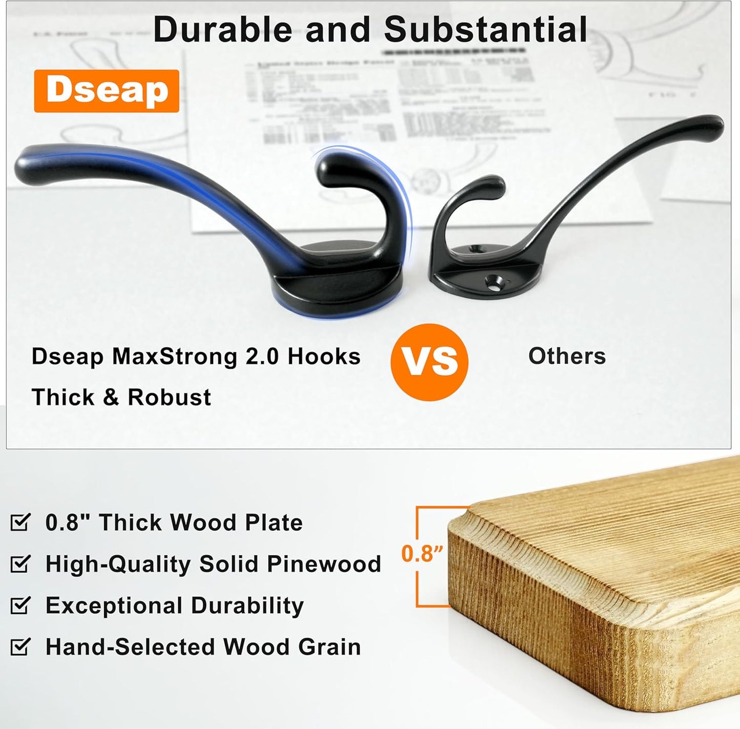 Dseap Wall Mounted Coat Rack: Patented, Heavy-Duty, 17.4" Long 5-Double-Hooks Wooden Hanger Rail for Winter Coats, Hats, Jackets, Clothing - Black, Pack of 2