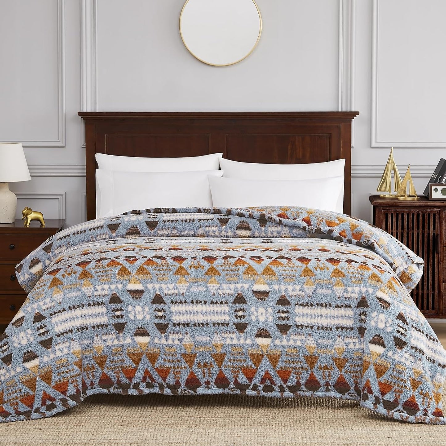 CASAAGUSTO Boho Sherpa Throw Blanket, Aztec Queen Blanket, Ultra Soft, Warm, Cozy, Plush, Thick Fleece Bohemian Throw Blanket for Couch, Bed, Sofa (Blue Grey 90 * 90 Inch)