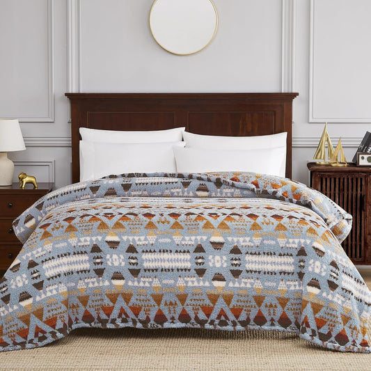 CASAAGUSTO Boho Sherpa Throw Blanket, Aztec Queen Blanket, Ultra Soft, Warm, Cozy, Plush, Thick Fleece Bohemian Throw Blanket for Couch, Bed, Sofa (Blue Grey 90 * 90 Inch)