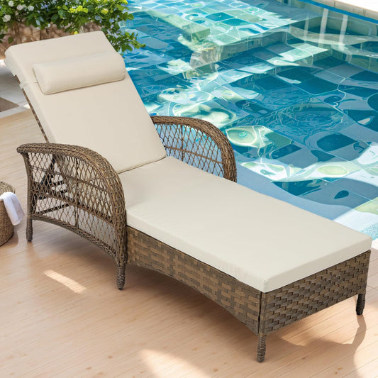VIVIJASON Outdoor Wicker Chaise Lounge Chair, All-Weather PE Rattan Cushioned Patio Lounger Chair, 6-Position Adjustable Pool Sunbathing Recliner with Armrest & Pillow for Poolside Deck Yard, Beige