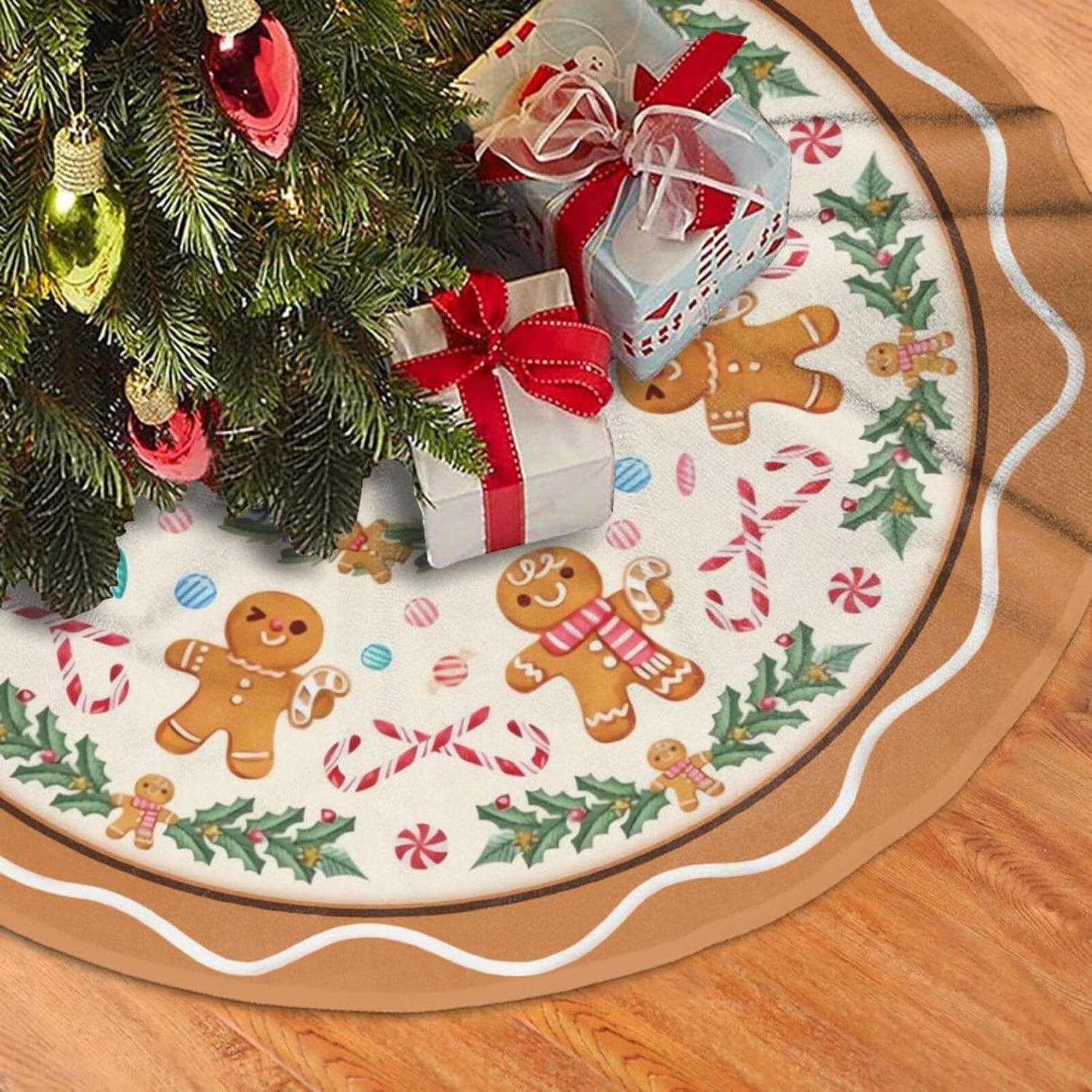 Christmas Tree Skirt,Gingerbread Xmas Tree Skirt Rustic Farmhouse Tree Skirt for Christmas Decor Xmas Holiday Home Party Decorations36
