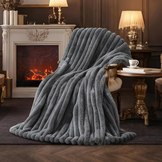 Amélie Home Faux Fur Throw Blanket for Couch, Ultra Cozy Fuzzy Fluffy Fur Luxurious Soft Striped Plush Gift Blankets for Family Sofa Chair Bed Living Room Bedroom, 55"x70", Ionic Wolf Gray