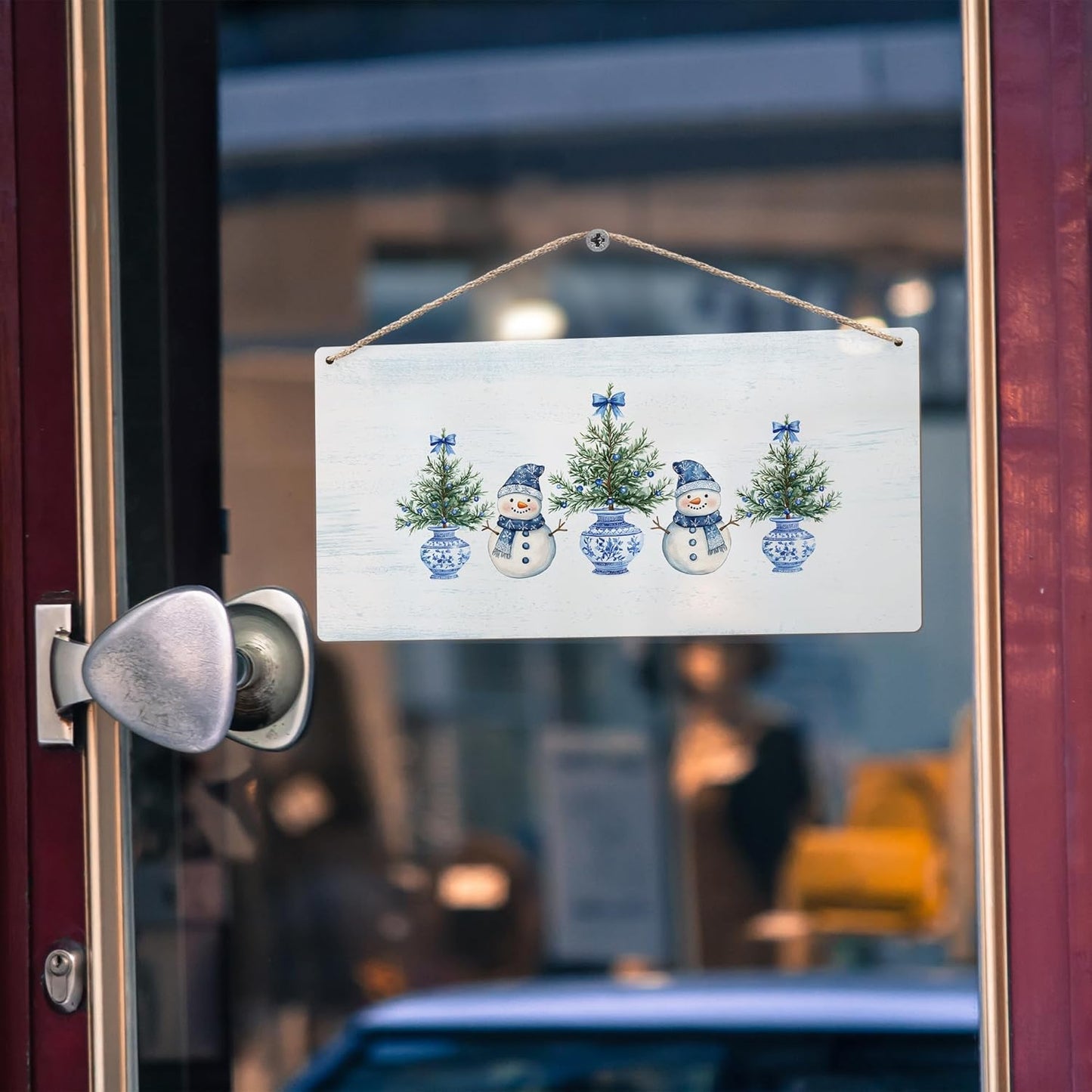 DUXMNAMG Chinoiserie Snowman Winter Hanging Wooden Signs 12x6, Blue and White Porcelain Snowman Sign, Winter ChristmasTree Blue Bow Snowman Chinoiserie Signs for Home Room Office Hanging Wall Decor