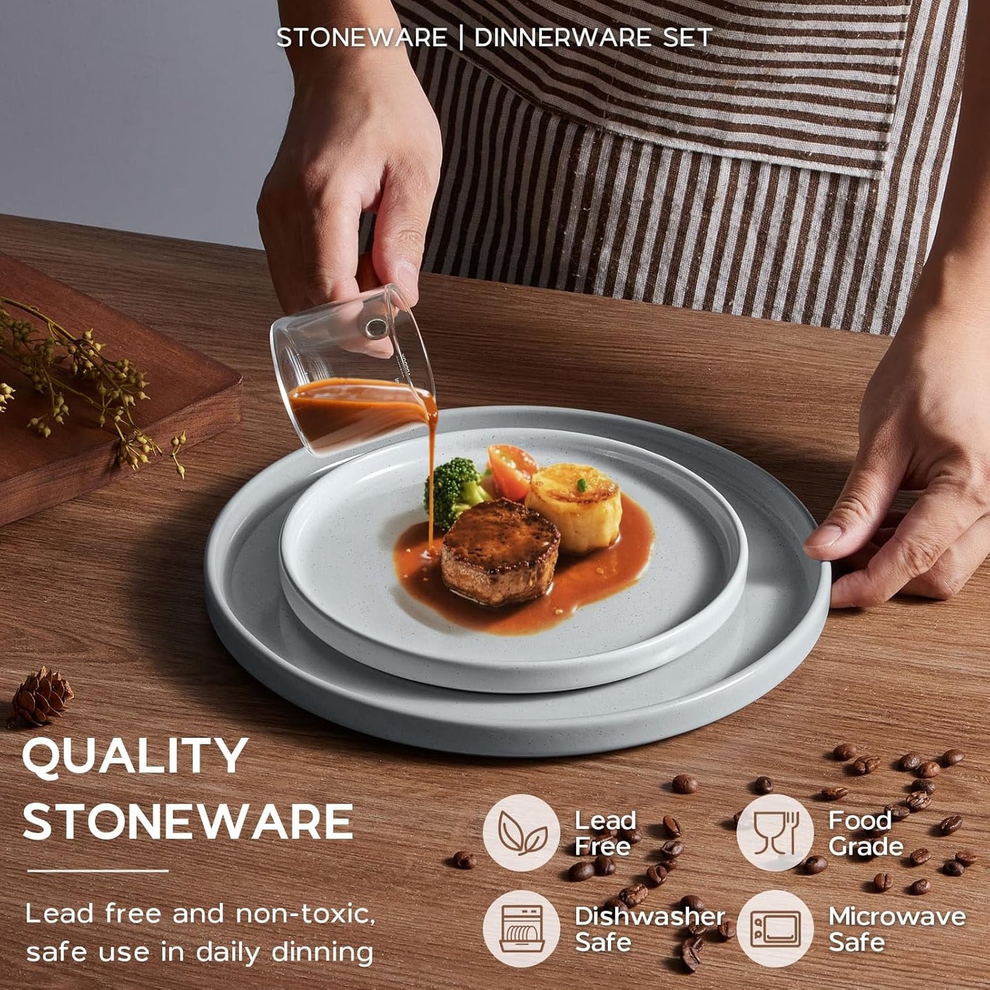 Onader Dinnerware sets, 24 Piece Plates and Bowls, Stoneware Kitchen Dinner Dish Set for 6, Ceramic Speckled Dinnerware with Pasta Bowl - Slate Gray