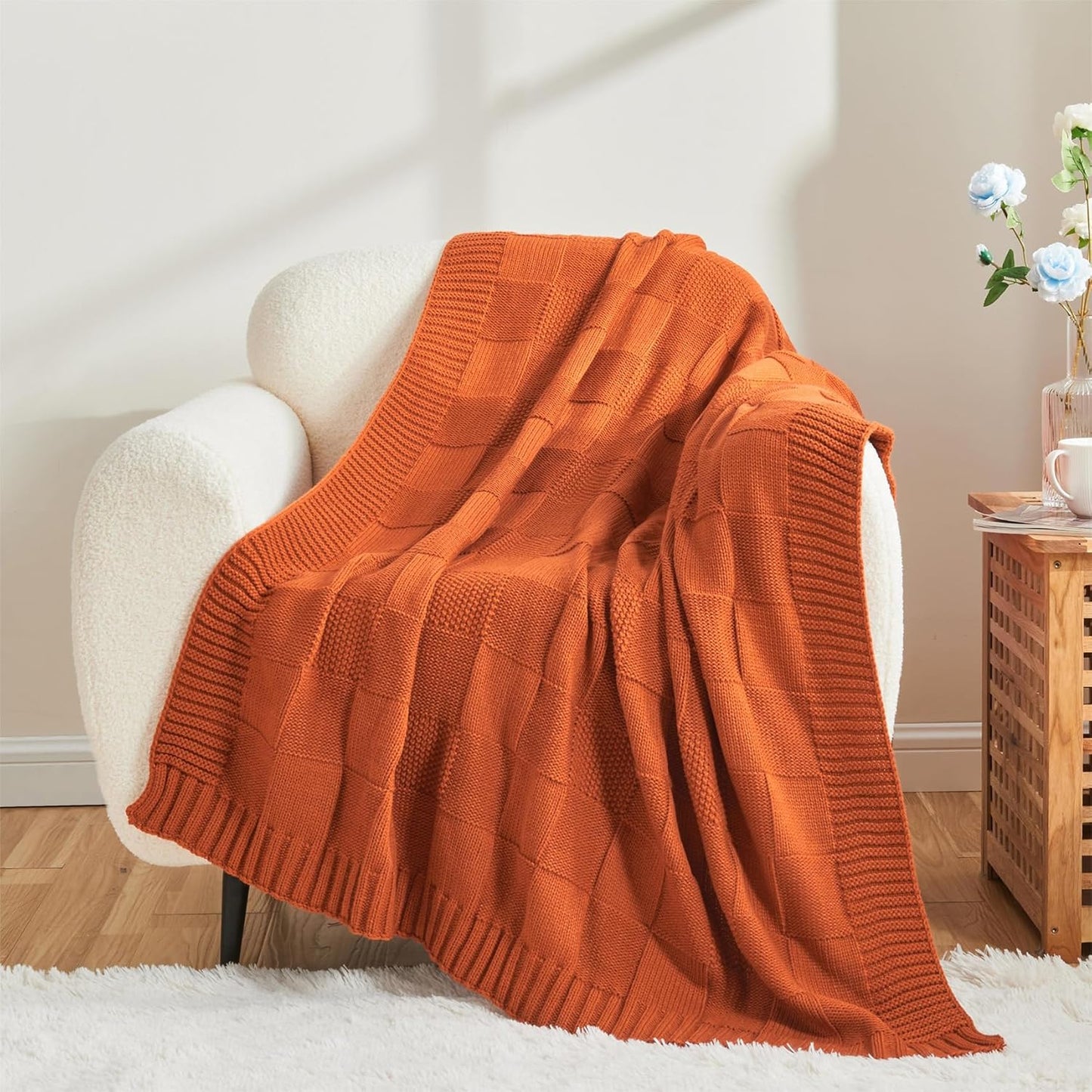 CozeCube Check Knit Throw Blanket, Rust Orange Checkered Throw for Couch, Decorative Christmas Soft Cozy Warm Knitted Blanket for Bed Sofa Living Room, 50"X60"