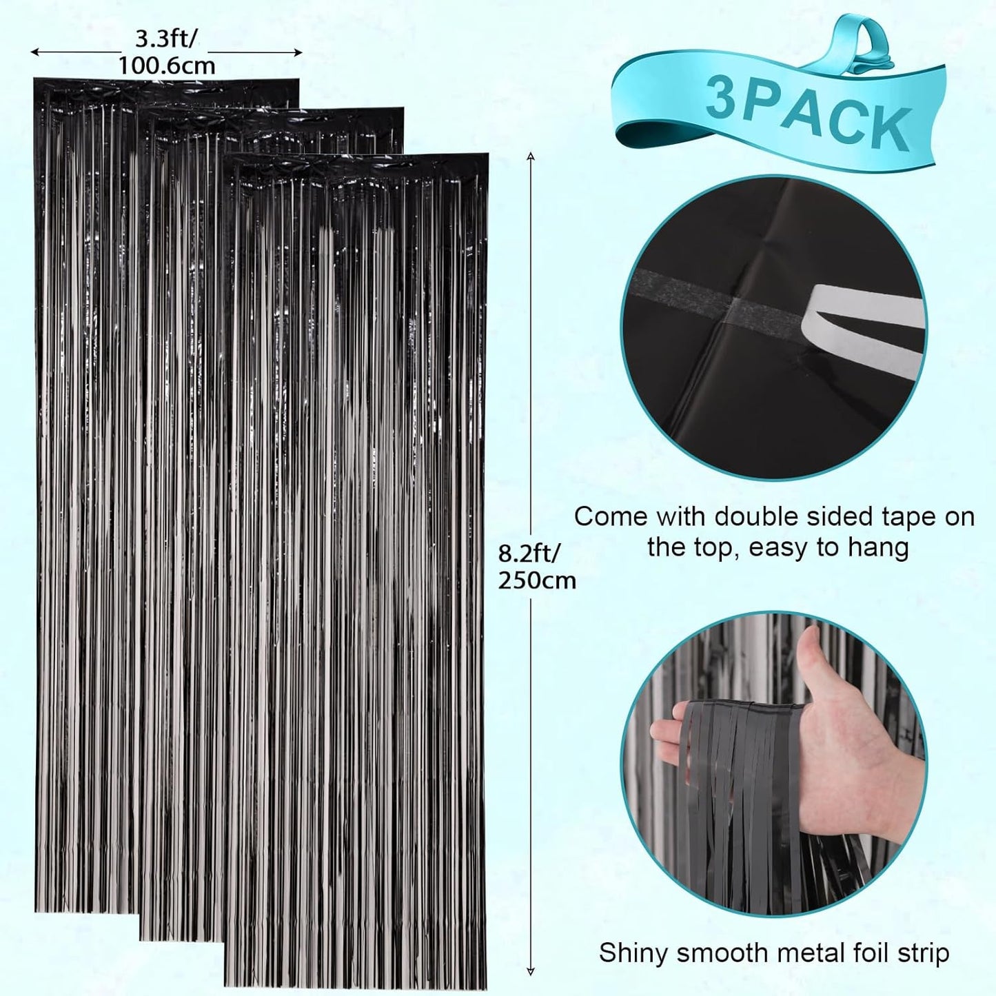 3 Pack 3.3x8.2 Feet Black Foil Fringe Backdrop Curtains, Tinsel Streamers Birthday Party Decorations, Fringe Backdrop for Graduation, New Years, Halloween, Disco Party