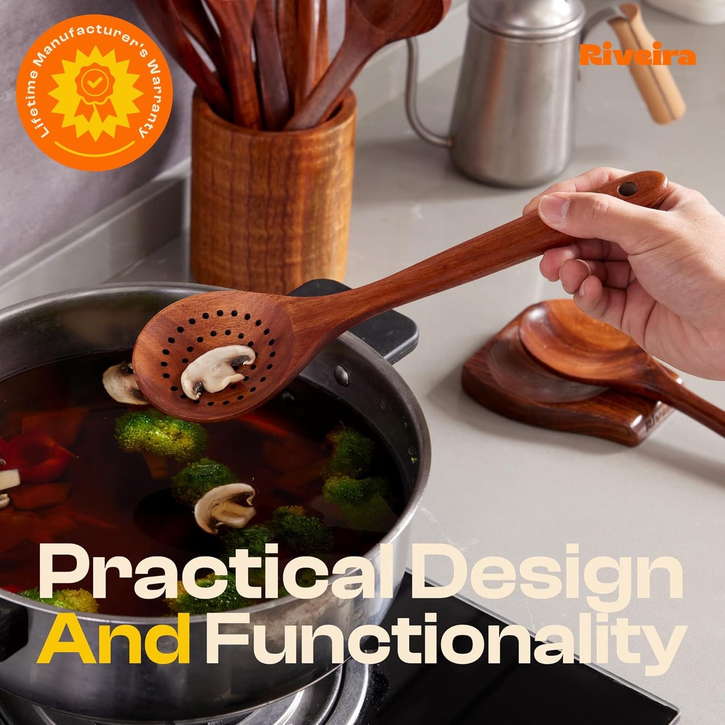 Riveira's 9-Piece Dark Brown Kitchen Essentials Wooden Cooking Utensils Set - Complete Kitchen Utensils Set for Gourmet Results