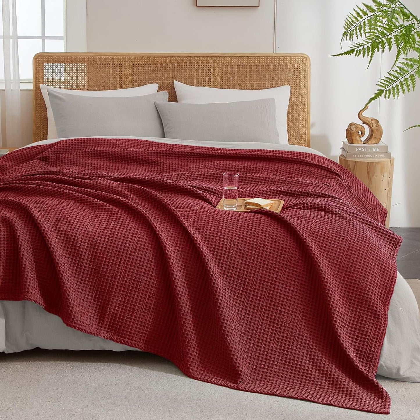 PHF Ultra Soft Waffle Weave Blanket King Size 104"x 90"- Washed Lightweight Breathable Cozy Woven Blanket for Bed - Aesthetic Decor for Couch Bedding Sofa Home Car - Wine