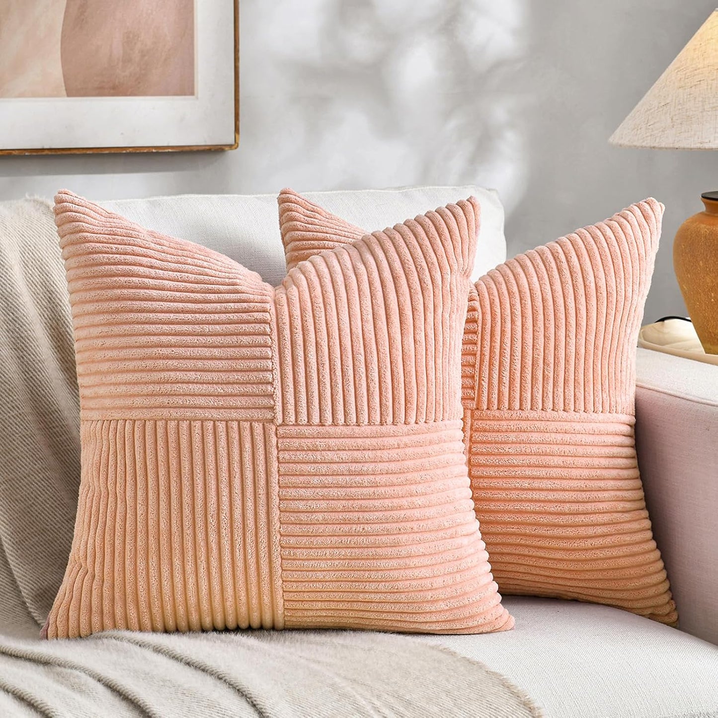 Fancy Homi 2 Packs Peach Decorative Throw Pillow Covers 16x16 Inch for Living Room Couch Bed Sofa, Rustic Farmhouse Boho Home Decor, Soft Corss Patchwork Corduroy Textured Square Cushion Case 40x40 cm