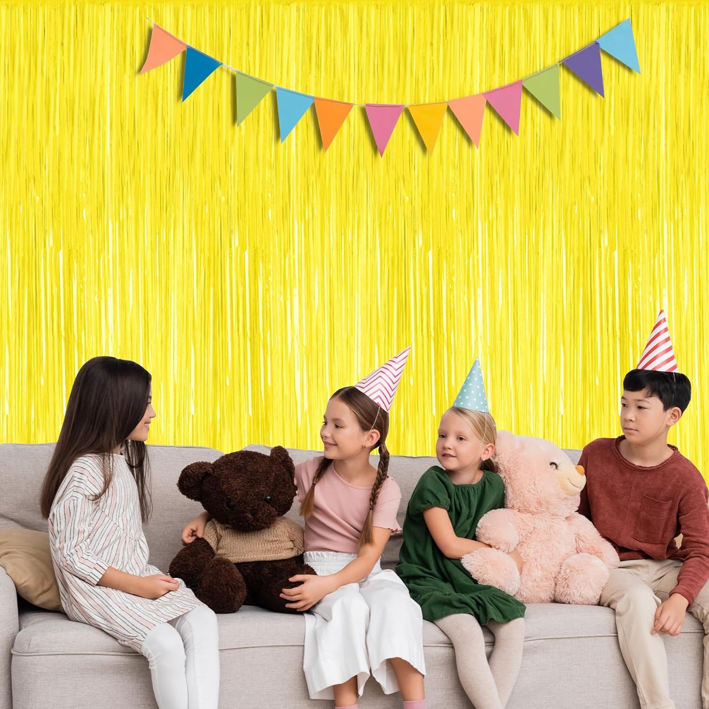 2 Pack Backdrop Curtains, 3.28 FT x 7.05 FT Yellow Color Tinsel Backdrop, Metallic Foil Backdrop Fringe Curtains Party Streamer, Party Decorations Photo Backdrop for Birthday