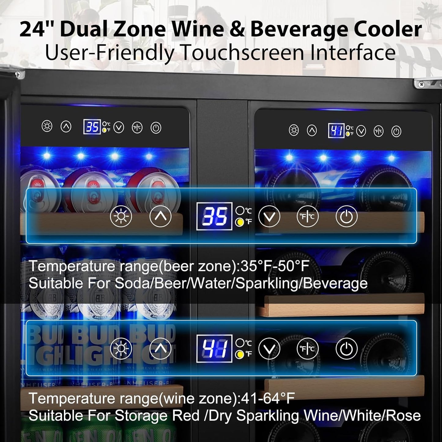 24 Inch Dual Zone Wine and Beverage Refrigerator, Built-in or Freestanding Cooler with French Doors, Drink Fridge with Upgraded Compressor for Beer, Wine, and Soda