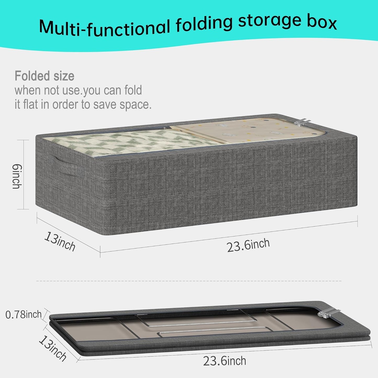3PCS Under Bed Storage Bins with Metal Frame, Linen Fabric Frame Storage Box Clothes Organizer Bins, Underbed Container with Clear Window (Dark Grey, 23.6 x 13 x 6IN)