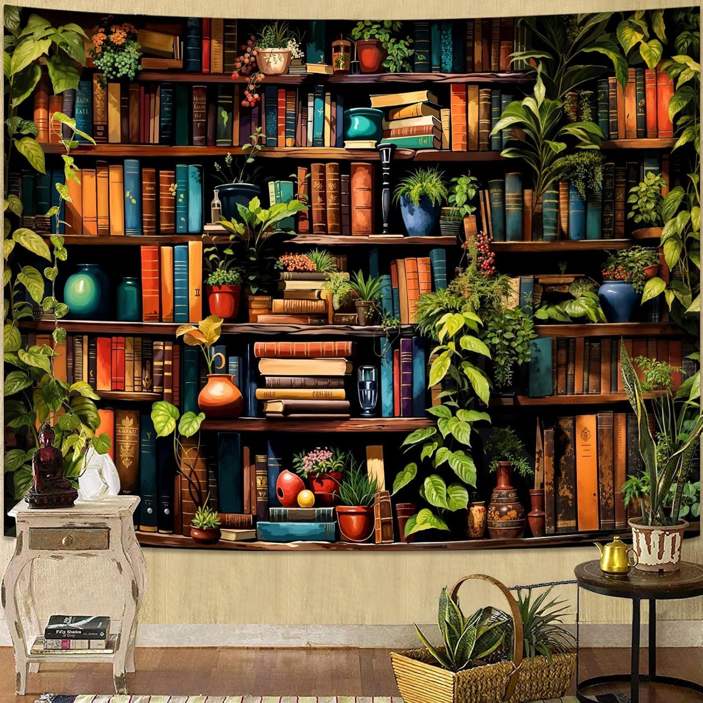Accnicc Botanical Bookshelf Tapestry Lush Green Plant Book Shelf Tapestries Wall Hanging Art Vintage Retro Potted Plants Academics Small Library Tapestry for Bedroom Living Room Dorm 60 x 44 inch