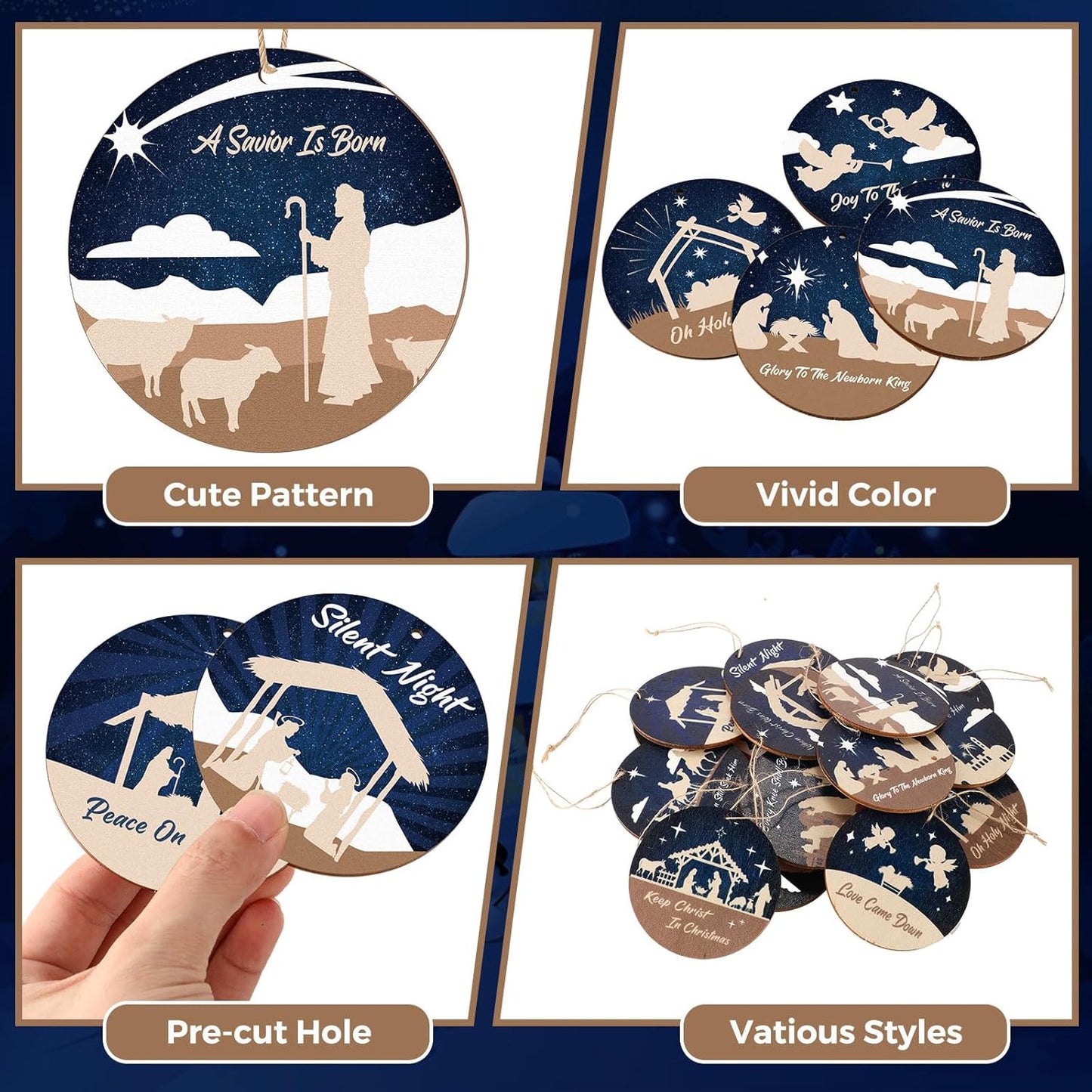 Soaoo 60 Pcs Nativity Scene Christmas Tree Ornament Christian Religious Ornaments Bulk Round Nativity Xmas Tree Hanging Wooden Decorations for Garden Yard Outdoor Home(Classic Style)