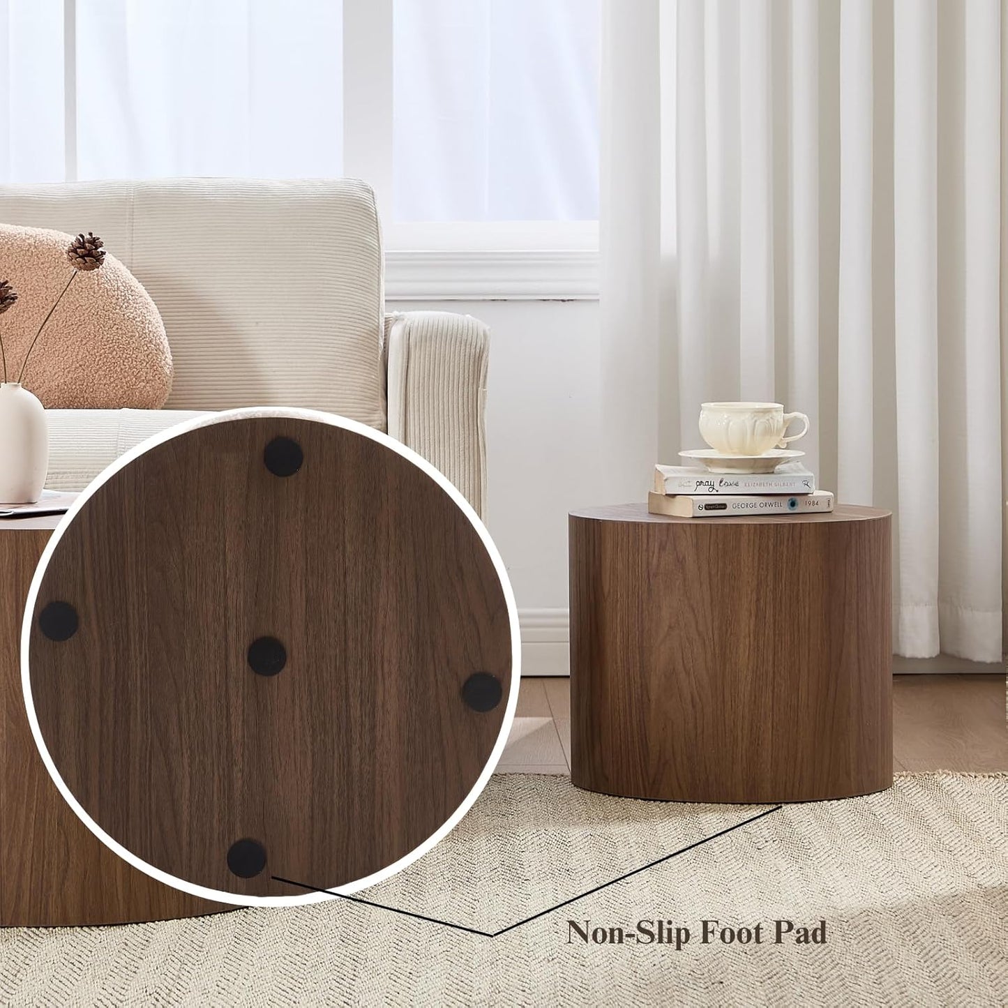 Round Coffee Tables Side Table Set of 2, Wood Nesting End Table for Living Room Balcony Office, Walnut Wooden Color, No Assembling