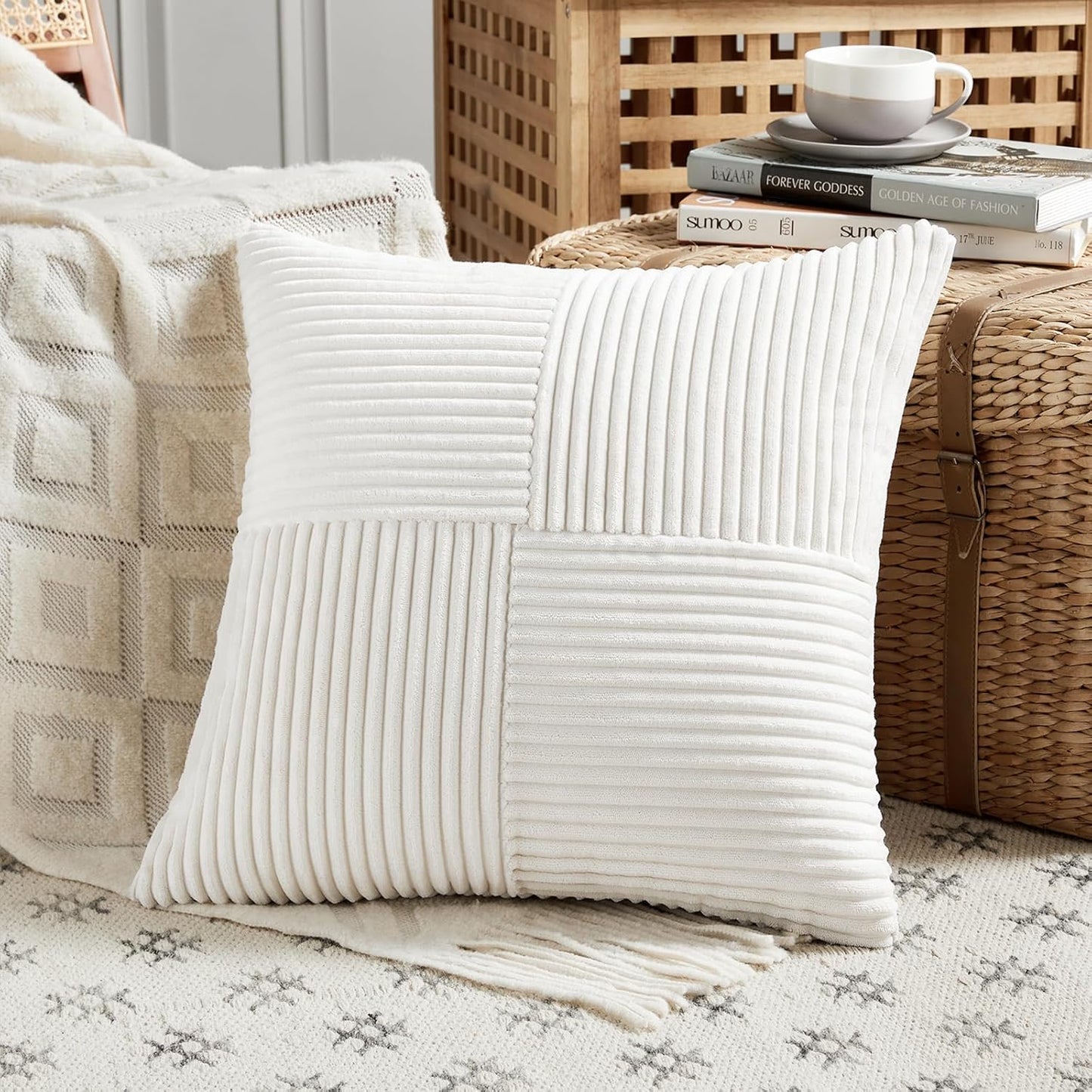 Fancy Homi 2 Packs Cream White Decorative Throw Pillow Covers 20x20 Inch for Living Room Couch Bed Sofa, Farmhouse Boho Home Decor, Soft Corss Corduroy Patchwork Accent Square Cushion Case 50x50 cm