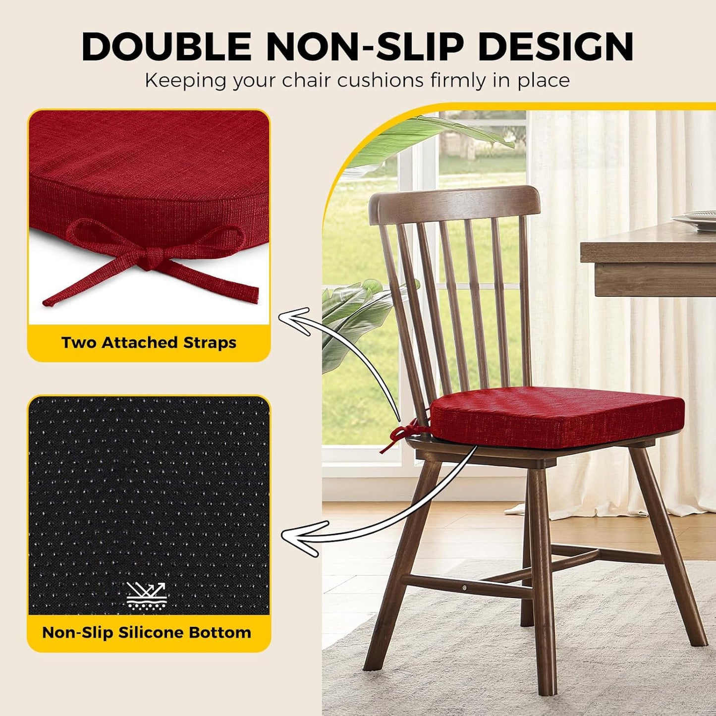 downluxe Indoor Chair Cushions for Dining Chairs, Soft and Comfortable Textured Foam Kitchen Chair Pads with Ties and Non-Slip Backing, 16" x 16" x 2", Red, 2 Pack