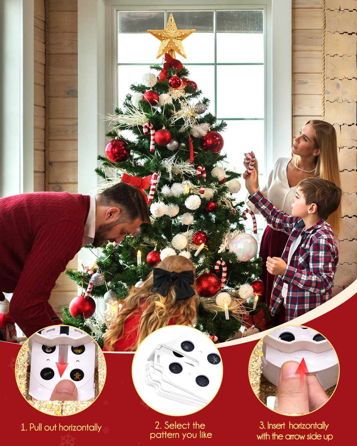 Brightown Christmas Tree Topper Lighted with 6 Projection Modes,9.8”Christmas Star Tree Topper with Built-in LED Rotating Lights,Tree Top with Golden Spangles Plated Plug in for Christmas Decorations