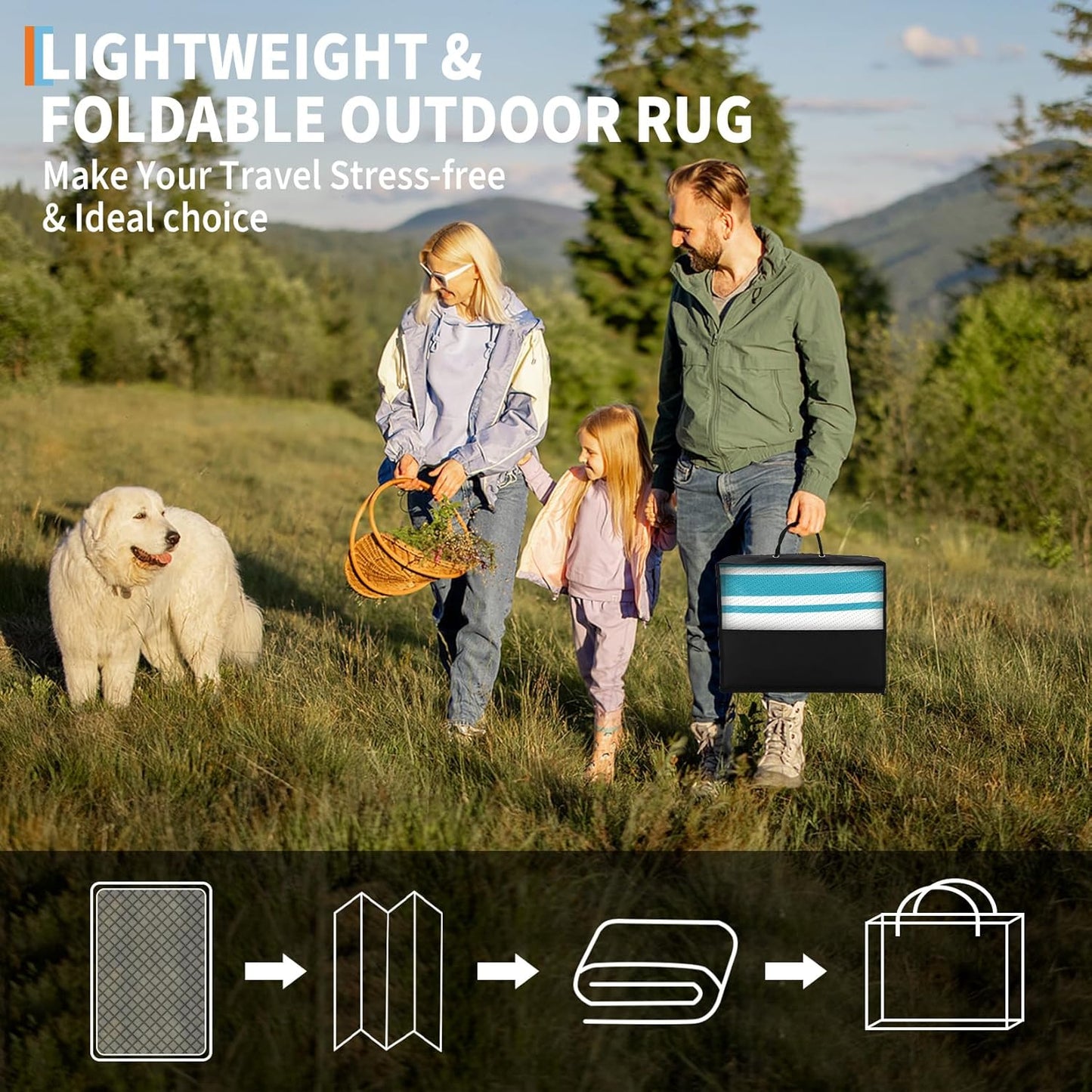 Waterproof Outdoor Rug 8x10 Contemporary Reversible Plastic Straw Rug, Easy Cleaning Striped Patio Carpet, UV-Resistant Indoor Outdoor Floor Cover for RV, Porch, Deck, Backyard, Light Blue