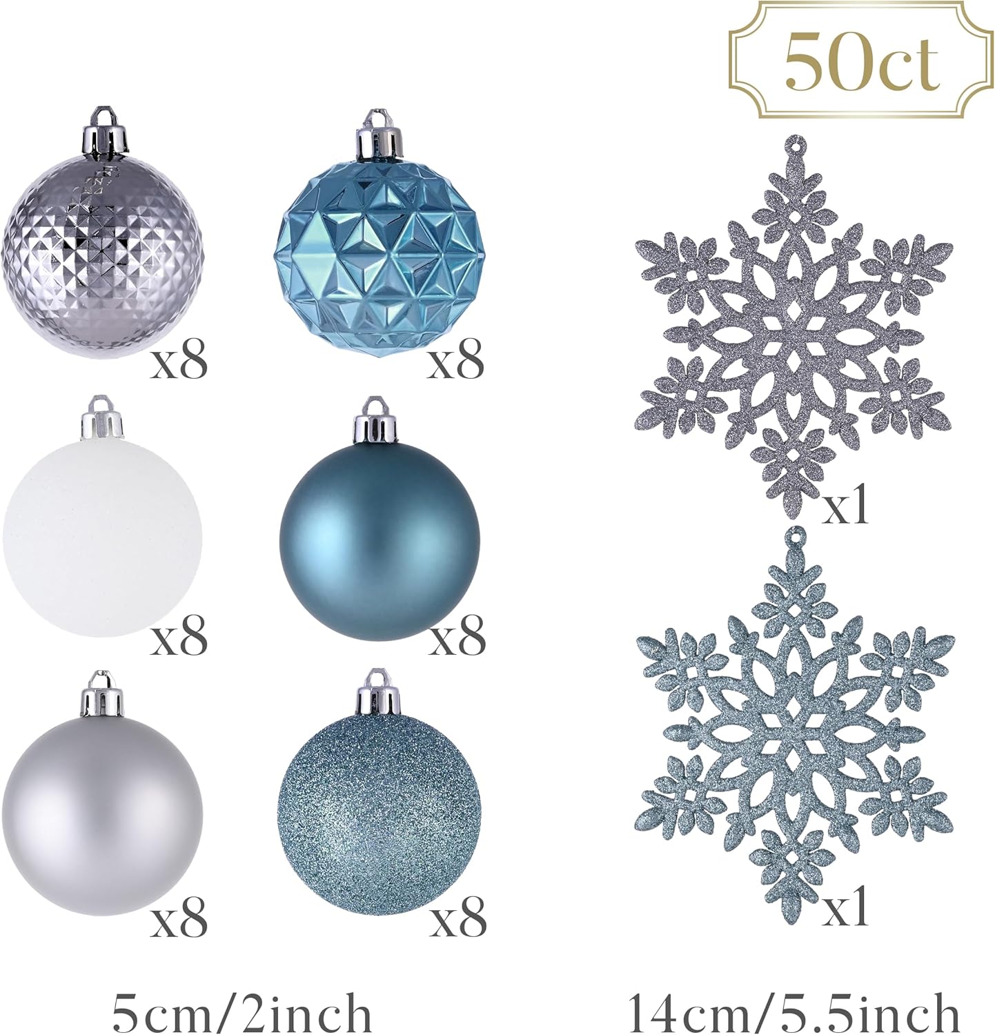 Valery Madelyn Christmas Tree Decorations Ornament Set for Fall Halloween, 50ct 2 Inches Light Blue Silver Shatterproof Christmas Ball Ornaments Hanging Xmas Holiday Party Decor