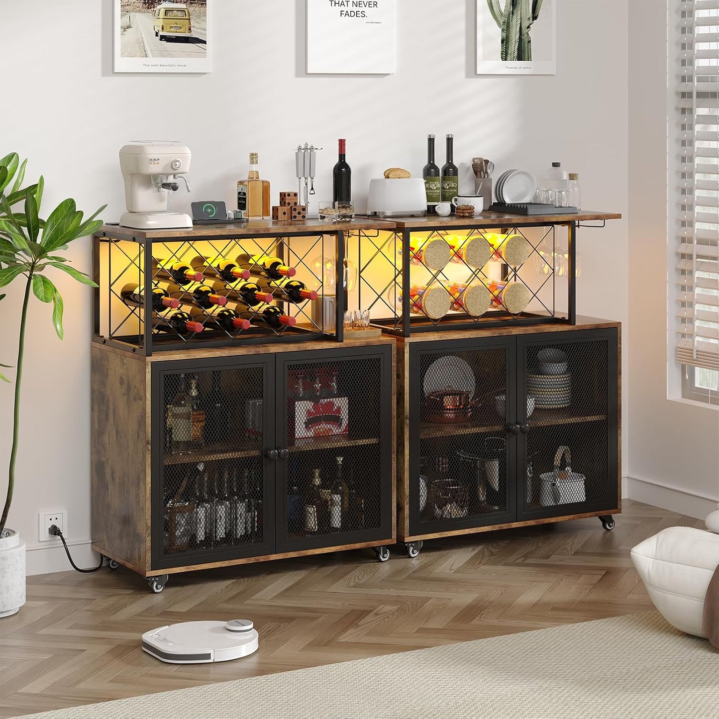 Wine Bar Cabinet with Wheels, 4-Tier Bar Cart with Power Outlets and LED Light, Liquor Cabinet Home Mini Bar with Wine Rack, Coffee Bar Cabinet for Liquor, Rustic Brown