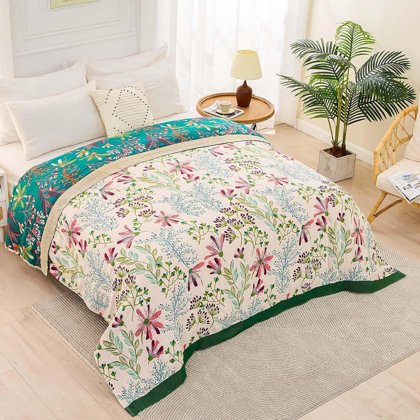 Boho Throw Blanket for Bed, 100% Cotton Soft Rustic Quilt Fall Blanket, 60"x80" Floral Printed Farmhouse Decor Bed Blankets, All Season Rustic Reversible Bohemian Throw Quilt