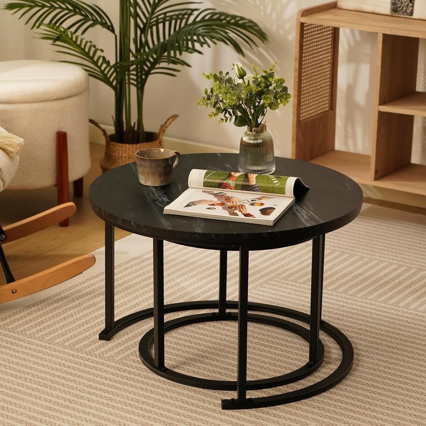 Round Modern Nesting Coffee Table Set of 2,Waterproof Faux Marble Wood Top & Metal Frame and Easy Assembly for Living Room,Office,Balcony (Black+Black