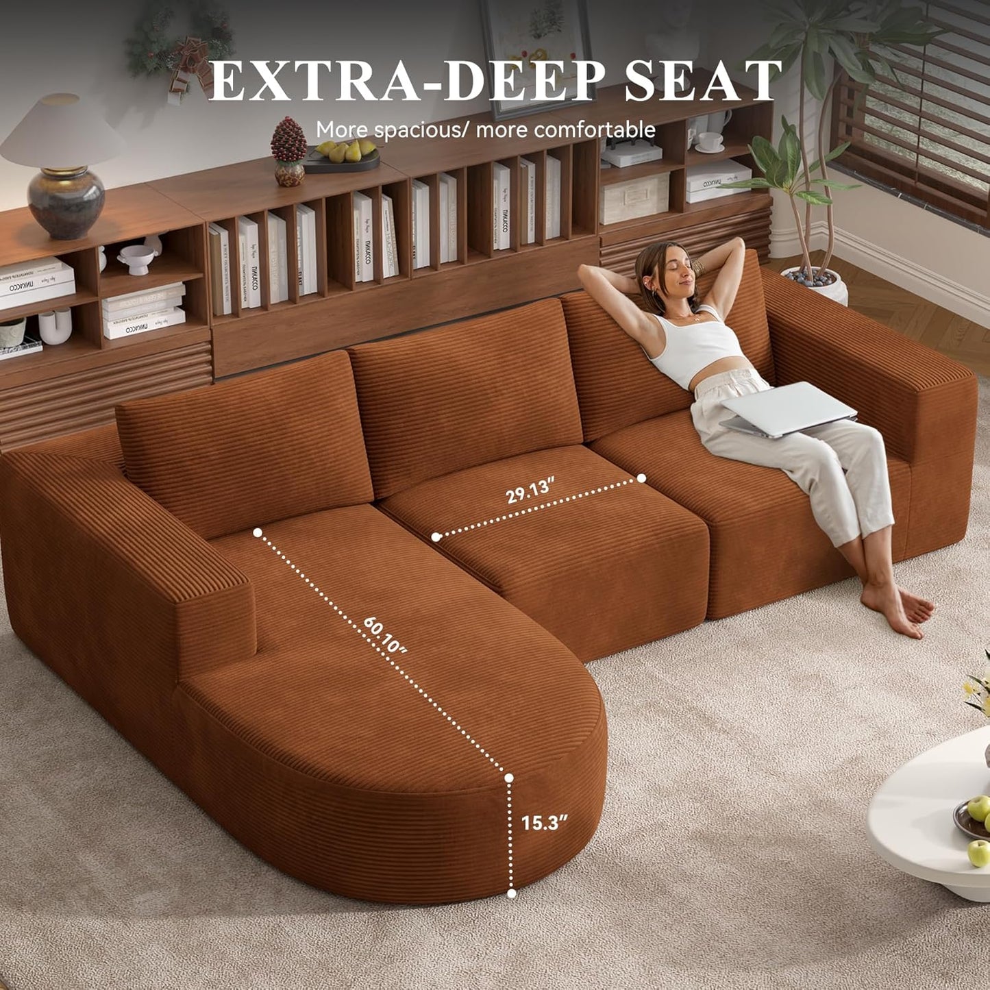 Modular Sectional Sofa with L-Shape Chaise,Cloud Sectional Modern Sleeper Couch with Deep Seat,Sponge Compression Sofas No Assembly Required (Brown-Corduroy Fabric) 1PCS