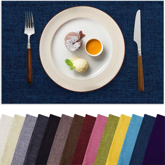 Placemats Set of 4, Bilayer Thickened Linen Place Mats Heat Resistant Machine Washable Wrinkle Free Carefully Selected Polyester Mats for Kitchen/Dining/Coffee Table (Navy Blue)