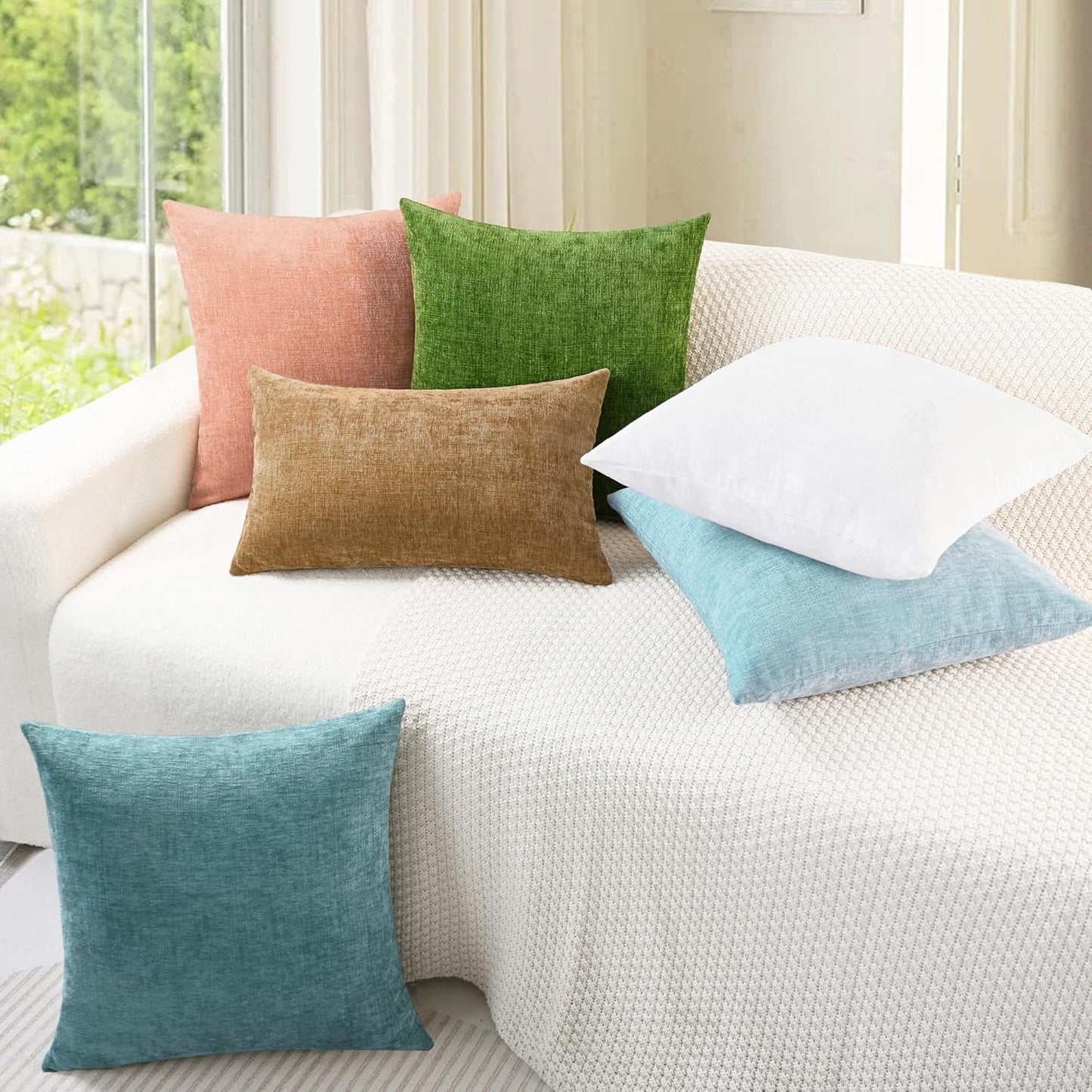 CaliTime Throw Pillow Covers Decorative 16 X 16 Inches Pack of 2 Cozy Chenille Cushion Cases for Couch Sofa Bed Living Room Home Light Blue Grey