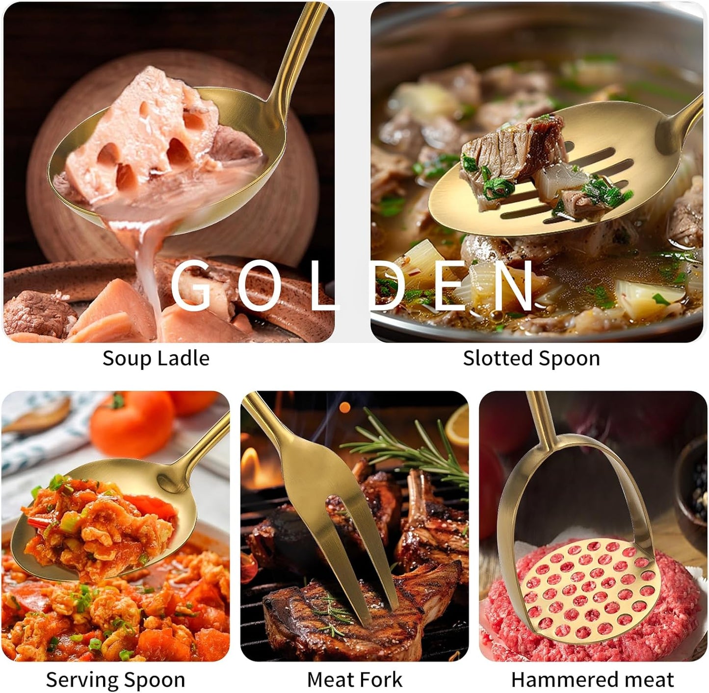 304 Stainlss Steel Matte Kitchen Utensils Set, 12 Pcs Long Metal Cooking Utensil Gadgets Tools Set with Spatula, Ladle, Spoon, Ladle, Skimmer, Tunner, Pasta Server, Tongs(Gold, Dishwasher Safe)