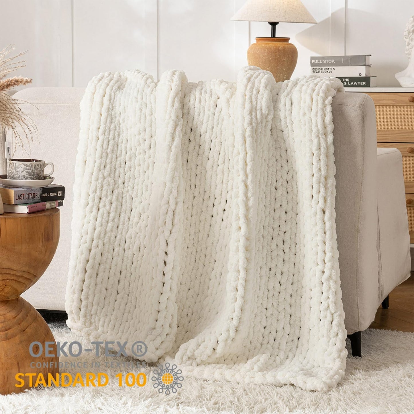 Chunky Knit Blanket Throw, 100% Hand Knit Throw Blanket Handmade Chenille Cable Knit Throw for Couch, Stylish Cozy Soft Rope Knot Crochet Blanket for Home Decor, Ivory, 40x50 Inches